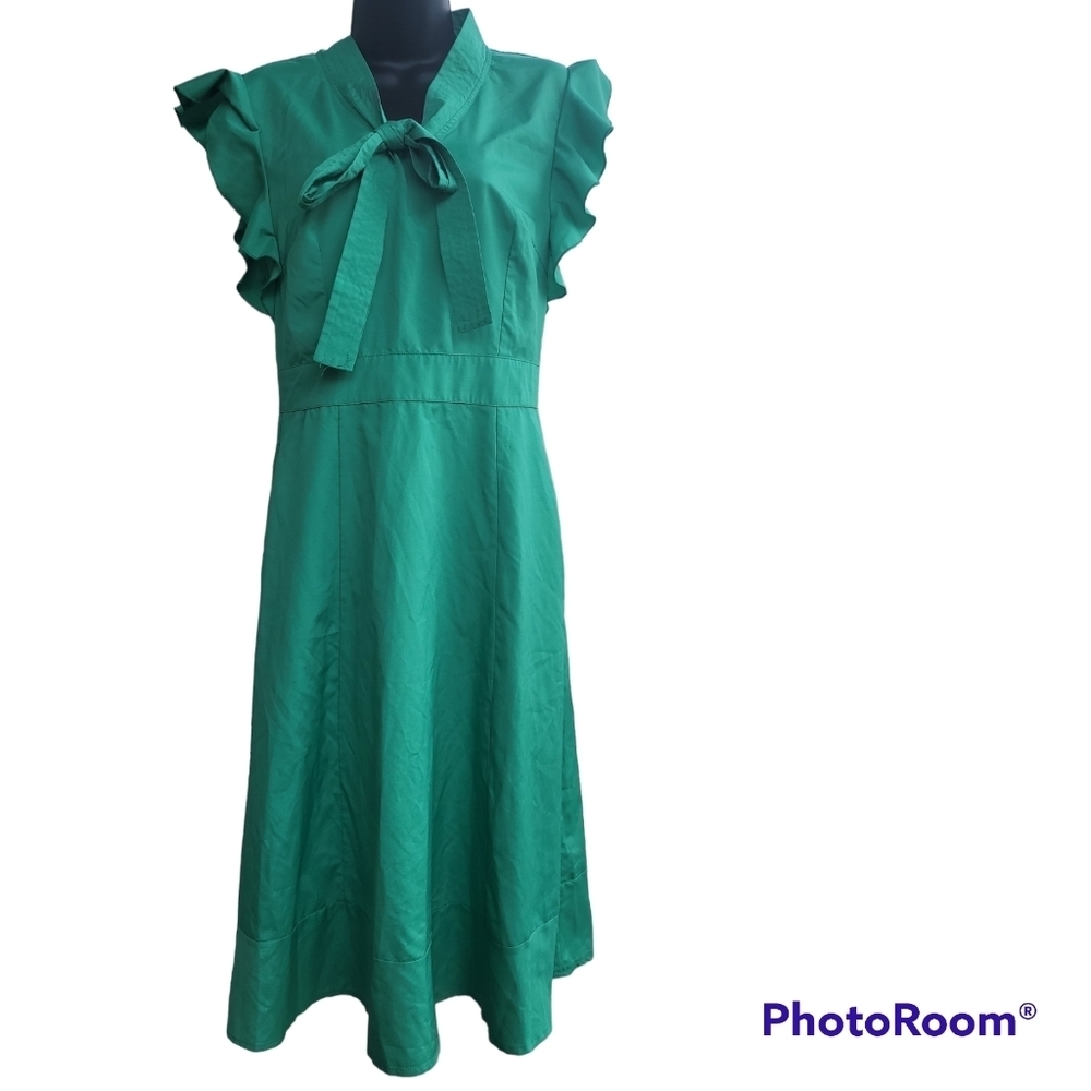 Women Green A-Line Midi Butterfly Short Sleeves Dress Ladies Tie Bow Medium. - Picture 3 of 4